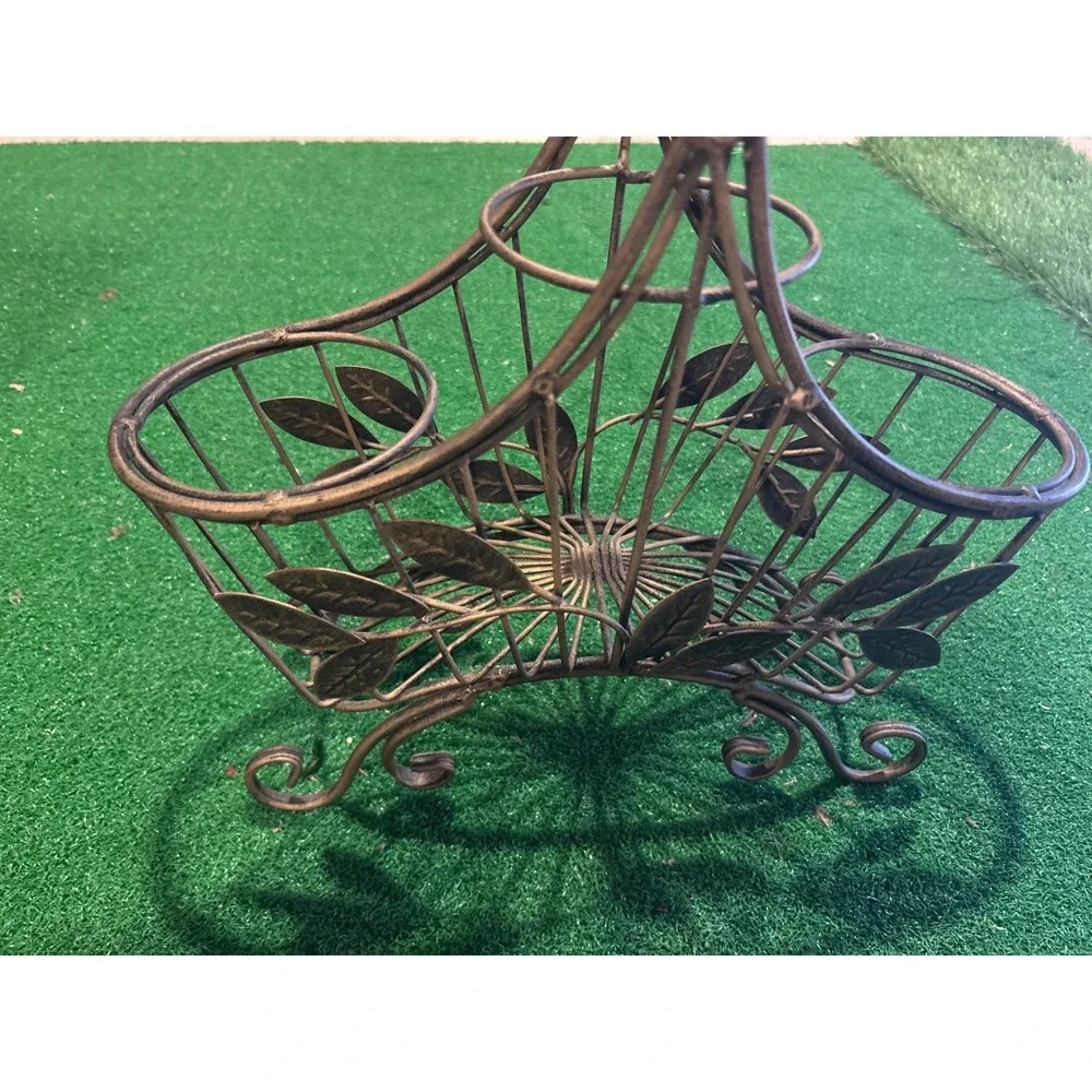 Vintage Bronze Metal Leaf Wire Wine Bottle and Glass Holder Caddy accommodates 3